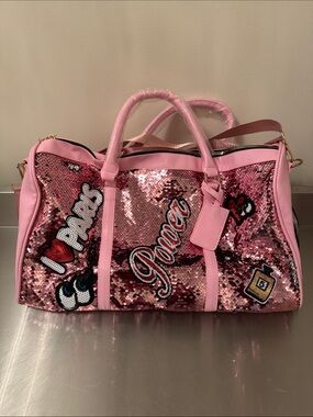 Pink Sequin Weekend Duffle Bag with Patch Details & strap